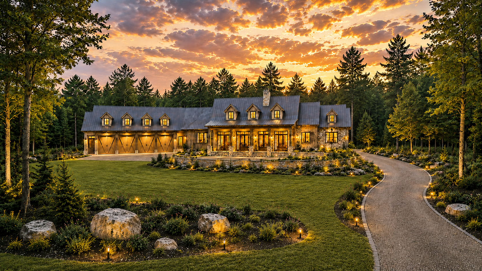 Front elevation rendering of Cedar Ridge luxury home