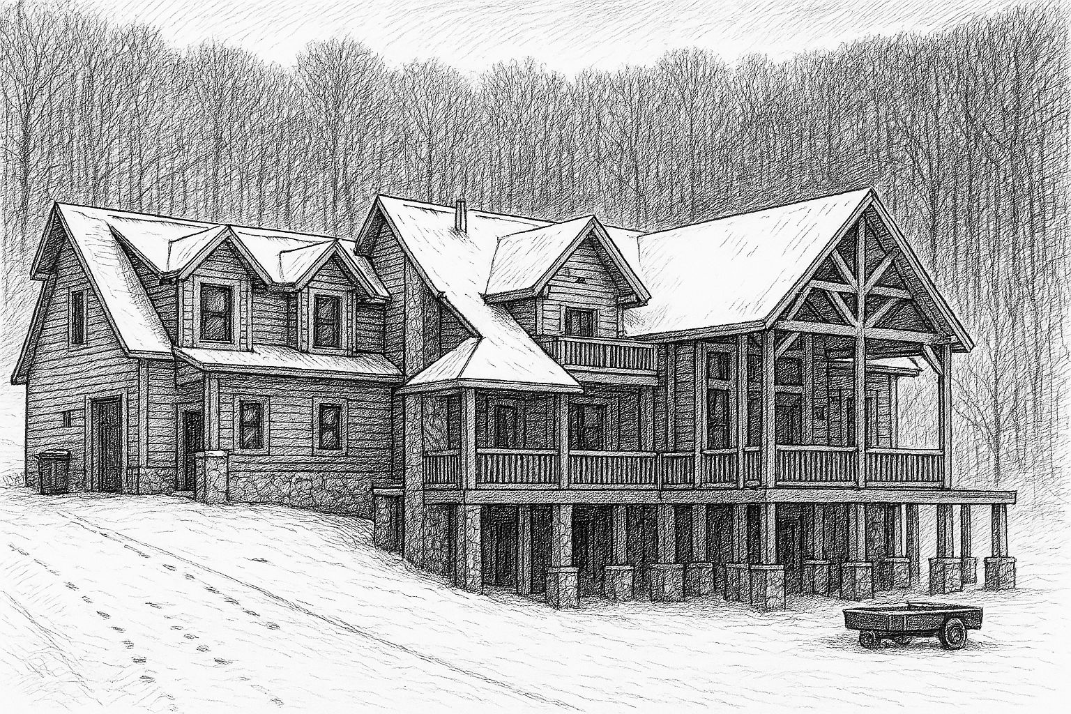 Front elevation sketch of a log cabin lodge built by a custom home builder in Leipers Fork, Tennessee