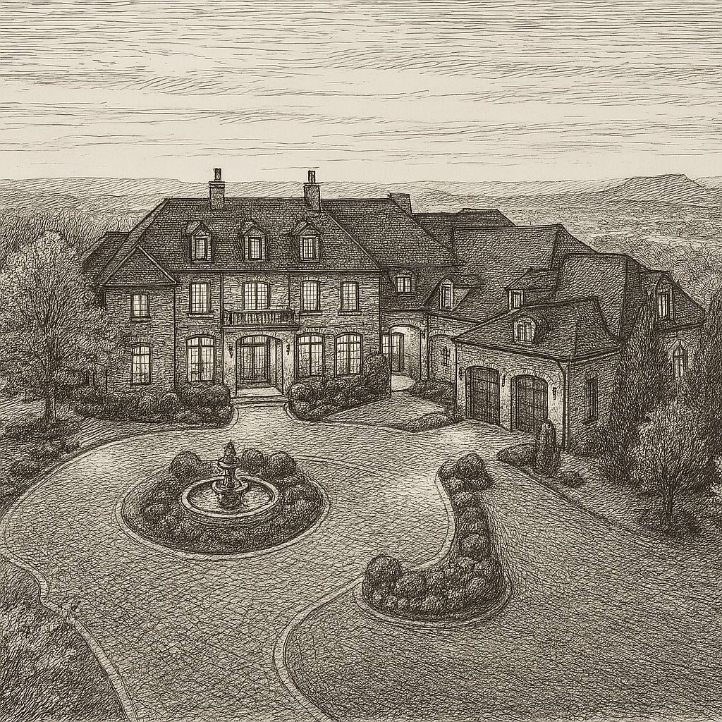Front elevation sketch of a hillside mansion built by a custom home builder in Nashville, Tennessee