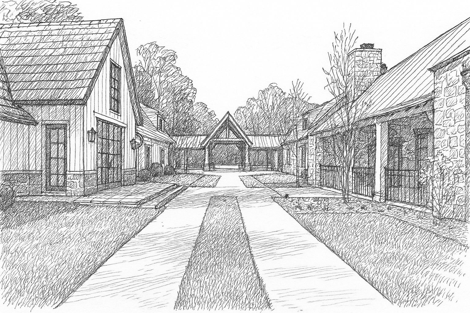 Courtyard sketch of a modern farmhouse built by a custom home builder in Nashville, Tennessee