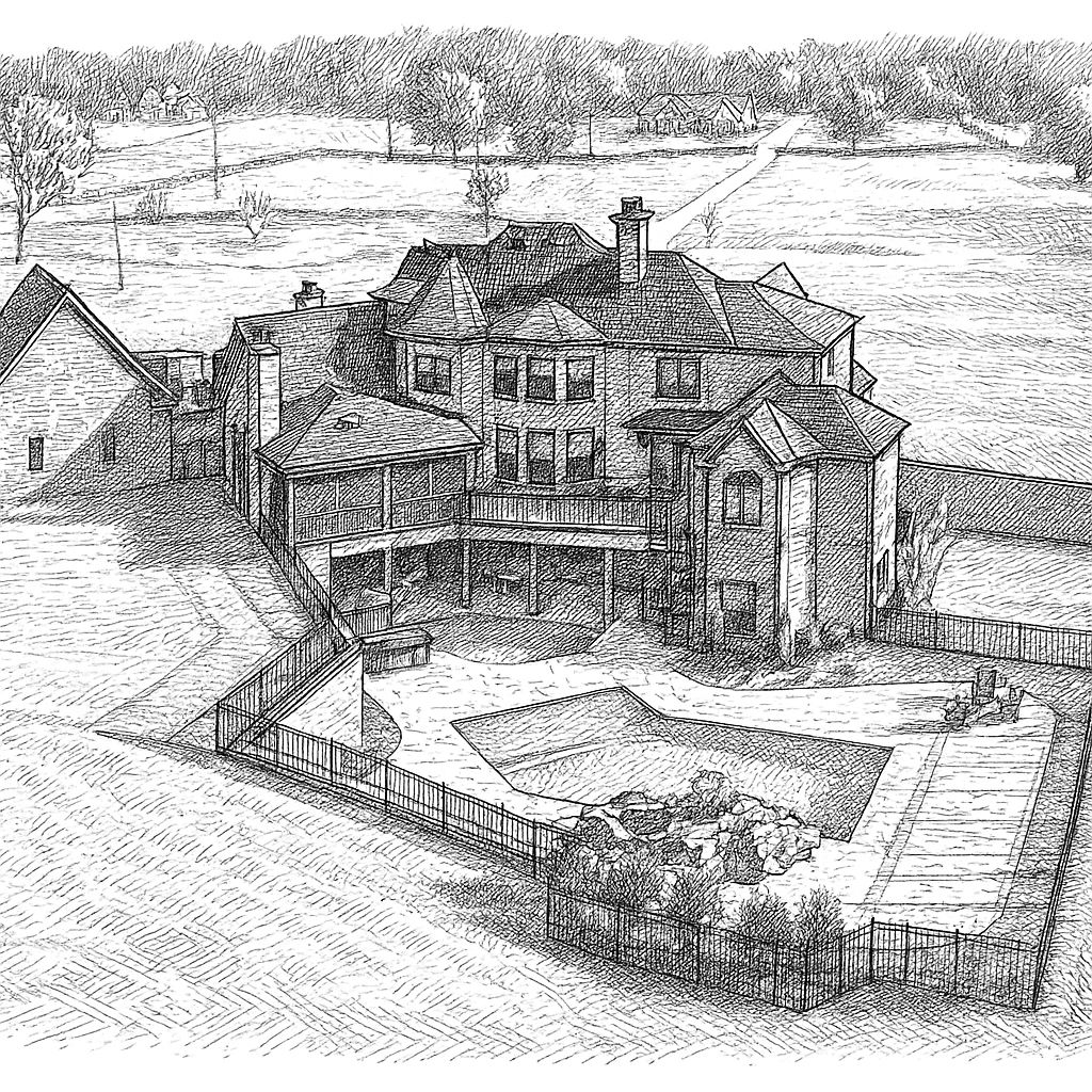 Back elevation sketch of an updated rustic home built by a custom home builder in Nolensville, Tennessee