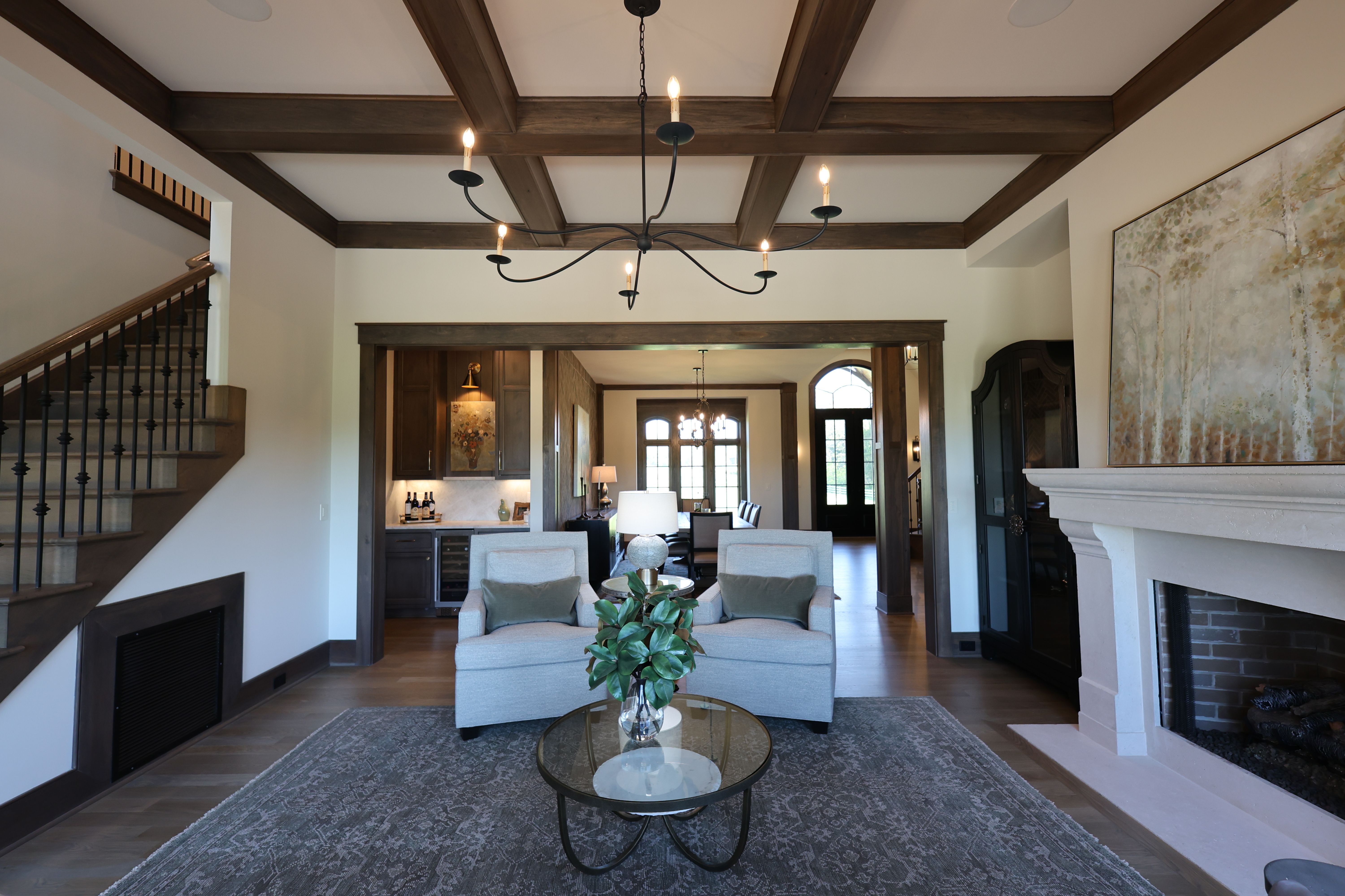 Living room of an updated rustic home built by a custom home builder in Nolensville, Tennessee