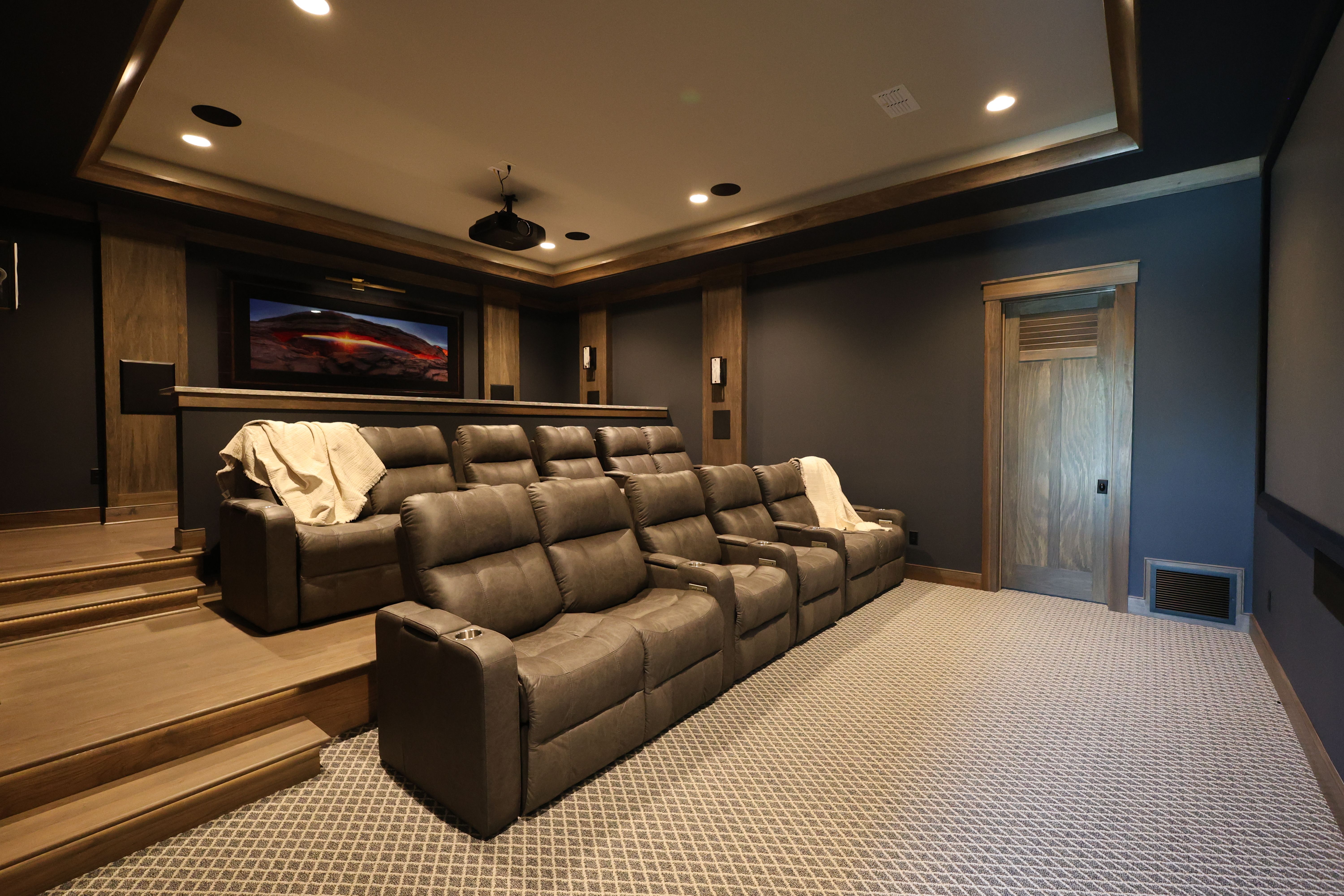 Theater room of an updated rustic home built by a custom home builder in Nolensville, Tennessee